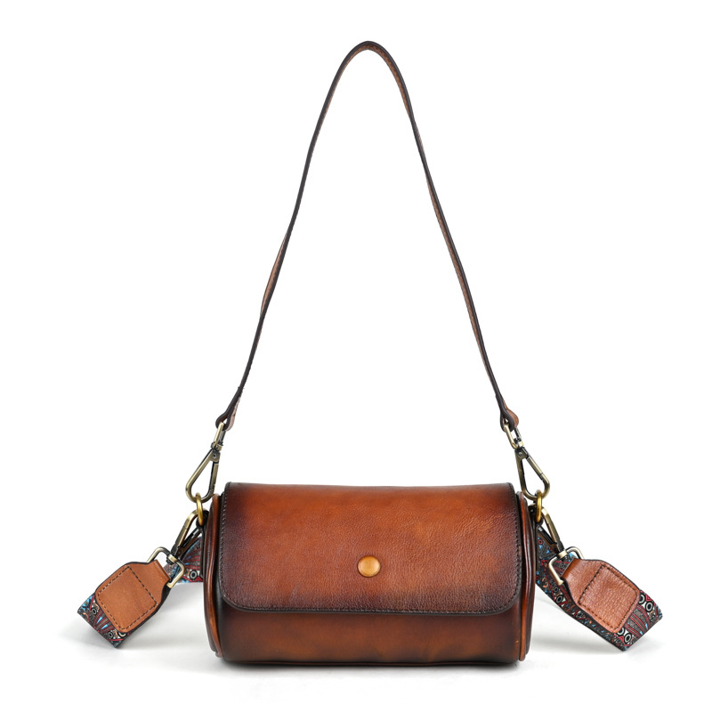 Borsa a tracolla da donna piccola a cilindro in vera pelle con strato superiore in pelle di vacchetta, borsa di nicchia_voghion.com