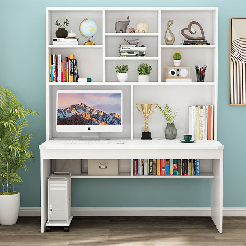 书桌书架一体桌实木电脑台式桌儿童学习写字桌带书柜双人学生跨境