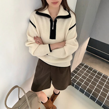 撞色polo领百分百羊毛撞色显瘦立领针织衫濮院实体女装批发