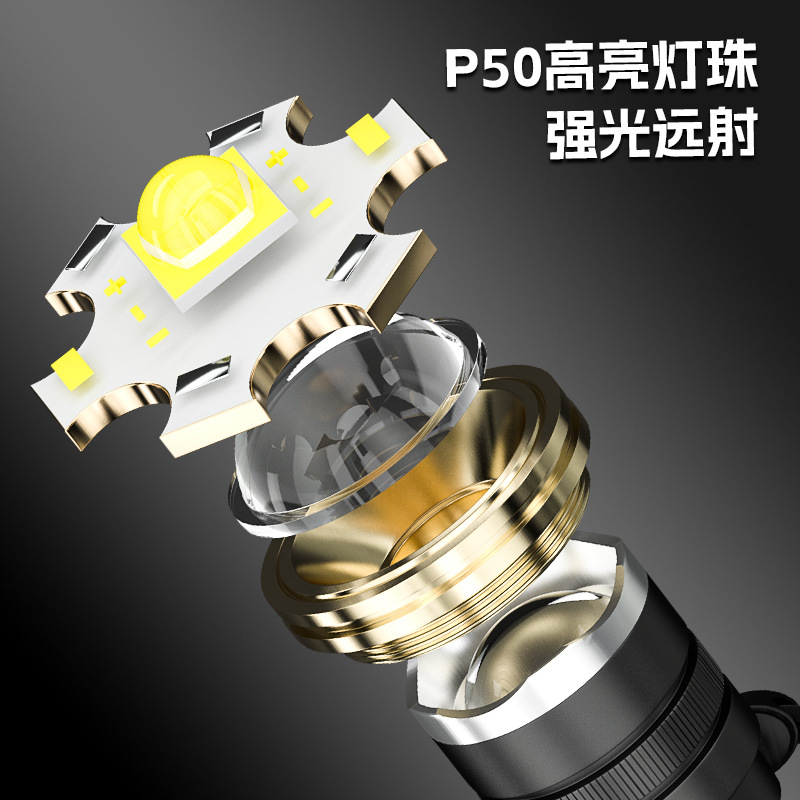 跨境新款強光手電筒USB輸入輸出帶側燈電量顯示P50高亮變焦手電筒
