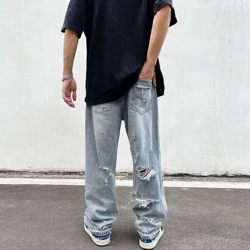 Men's Ripped Denim Jeans with Western Vibe, Cool and Casual Straight Leg Pants, Summer American High Street Style, Instagram Retro Trendy Pants