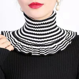 Scarf Women's Autumn and Winter Korean-style All-match Striped Pullover Thickened Warm-keeping Elastic Knitted False Collar Wool