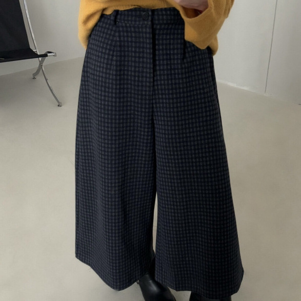 韩系复古百搭格子毛呢阔腿裤女秋季2025新款显瘦休闲八分裤子|undefined