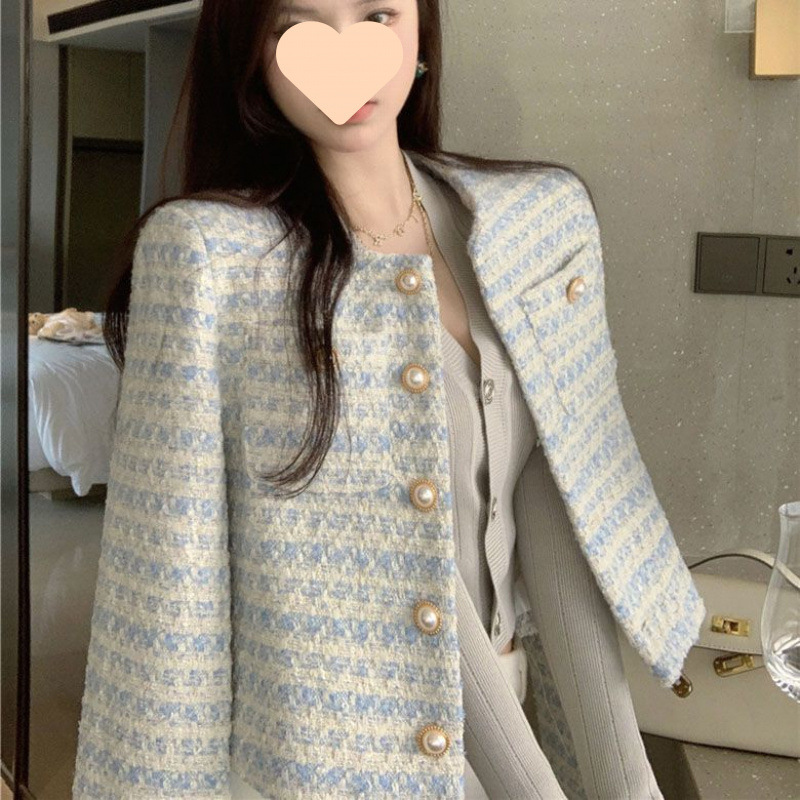 小香风短外套女秋冬装新款法式显瘦园领百搭名媛风珍珠扣初秋上衣|undefined