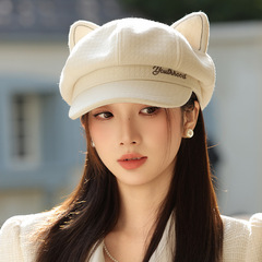 新しい韓国スタイルの女性用帽子、レトロな八角形の帽子、秋冬の大きな頭囲、顔が見える小さなベレー帽、多用途の猫耳ひさしキャップ