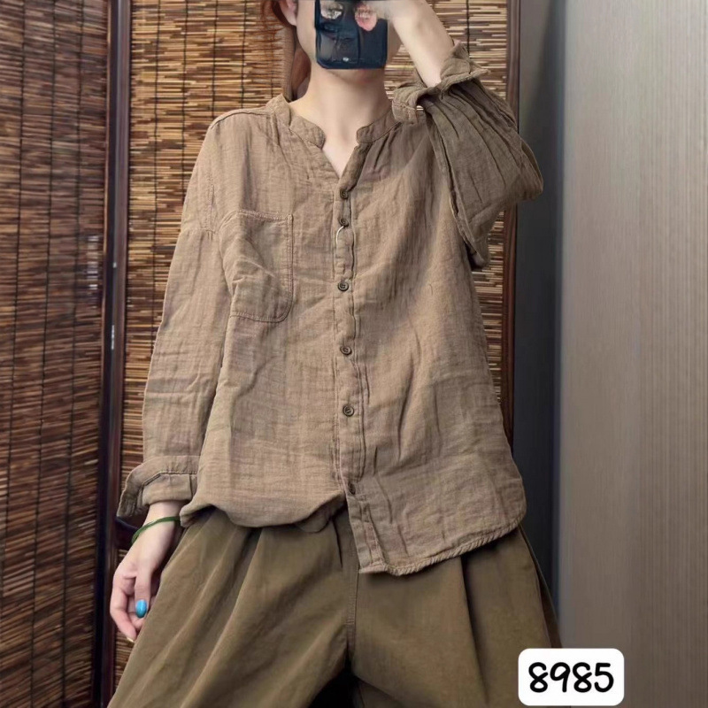 2025秋韩版宽松贴布大口袋双层纱立领衬衫百搭休闲衬衣女8985|undefined