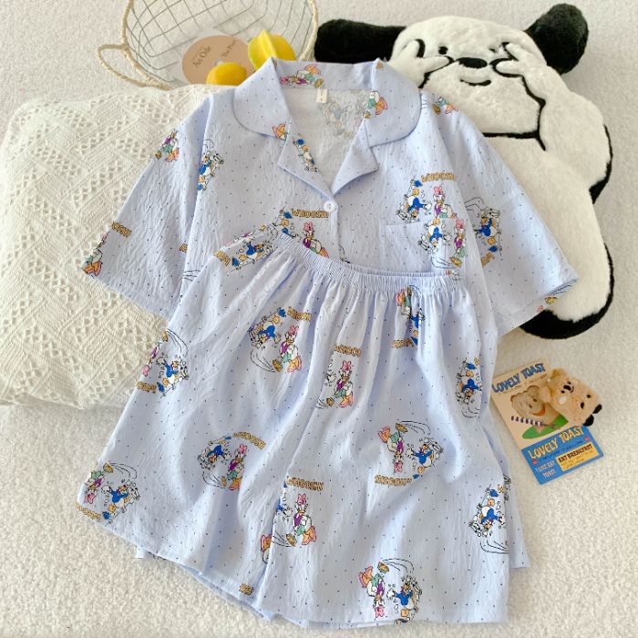 Pijama mujer nube algodón de manga corta pantalones cortos cardigan solapa de verano apertura en vivo dibujos animados transfronterizos dulce traje de servicio a domicilio