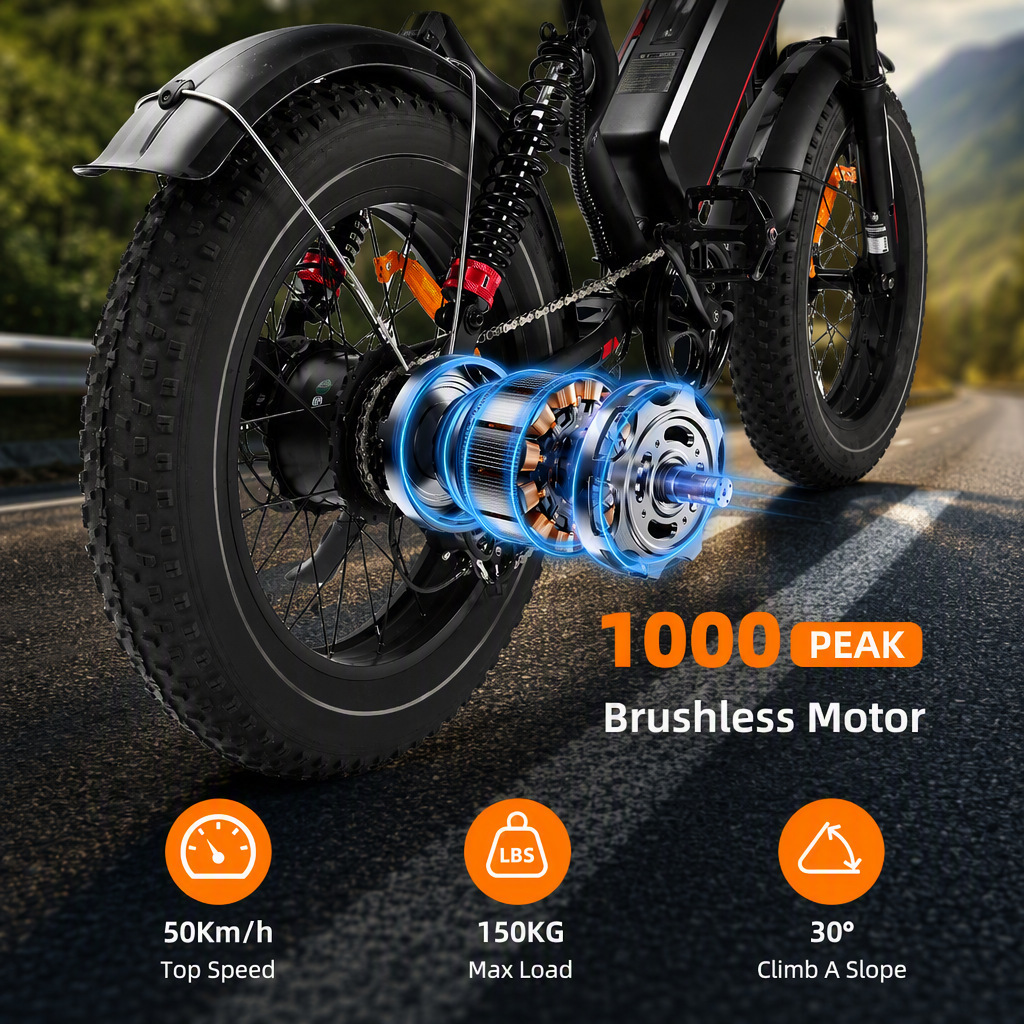 20inch Wide-Tire Electric Bicycle with Power Assist, 1000W, Motorcycle-Like Riding Experience, Dropshipping from European and American Overseas Warehouses