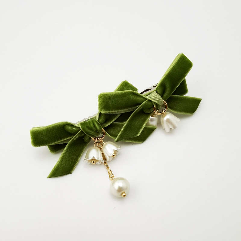 Sweet Lily Flower Hairpin Pearl Bow Hairpin Super Fairy Bangs Clip Tassel Pendant Side Clip Green Hair Accessories