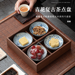 Clay pot with legs, retro-style four-grid plate for Chinese snacks and desserts, tea and tea bowl holder