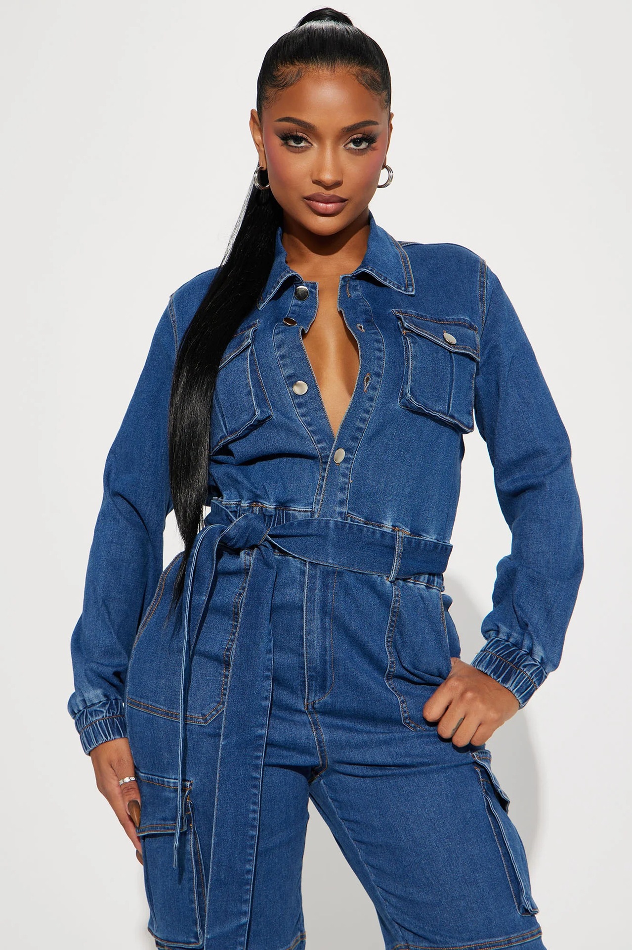 Women's Clothing 3571 New Fashion Street Style Waist hugging Body shaping Multi pocket Elastic Waist Denim Overalls Jumpsuit_voghion.com