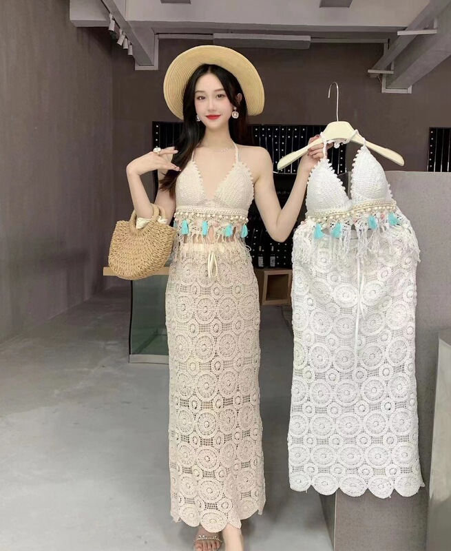 Halter vest women's high waist hollow lace arm knitted dress holiday ins style pure desire sexy sling two pieces