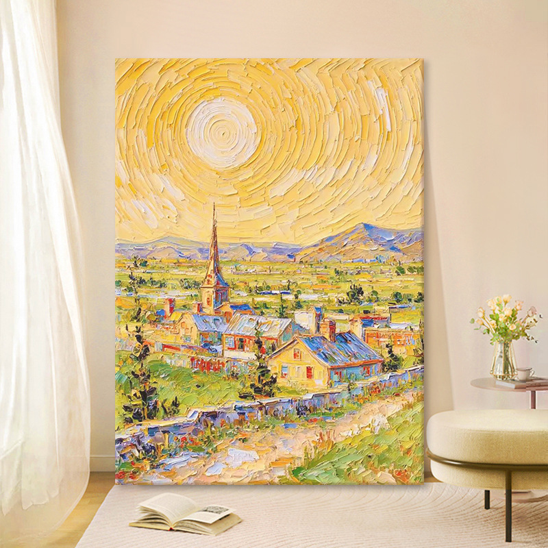 French Cream Style Abstract Yellow Town Living Room Decorative Painting Landscape Architecture Vertical Version Hanging Painting Entrance Hanging Painting