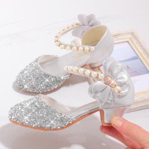 High heels, crystal performance princess shoes, dress, silver stage children's shoes, host kid's piano girls' leather shoes
