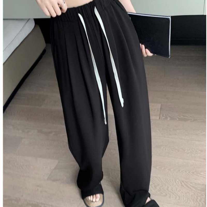 Ins Hong Kong estilo de verano coreano cintura alta cuerda de dibujo colgante sensación casual cintura elástica pantalones de mujer pantalones rectos pantalones de mujer image 1