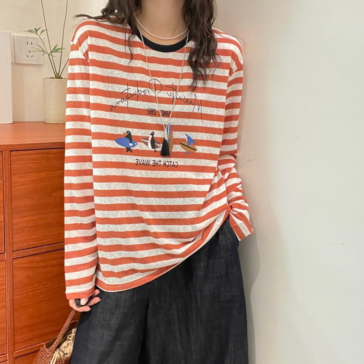 European Station 2026 Summer New European-Style Round-Neck Long-Sleeve Cartoon Penguin Letter Print Sun Protection Striped T-Shirt