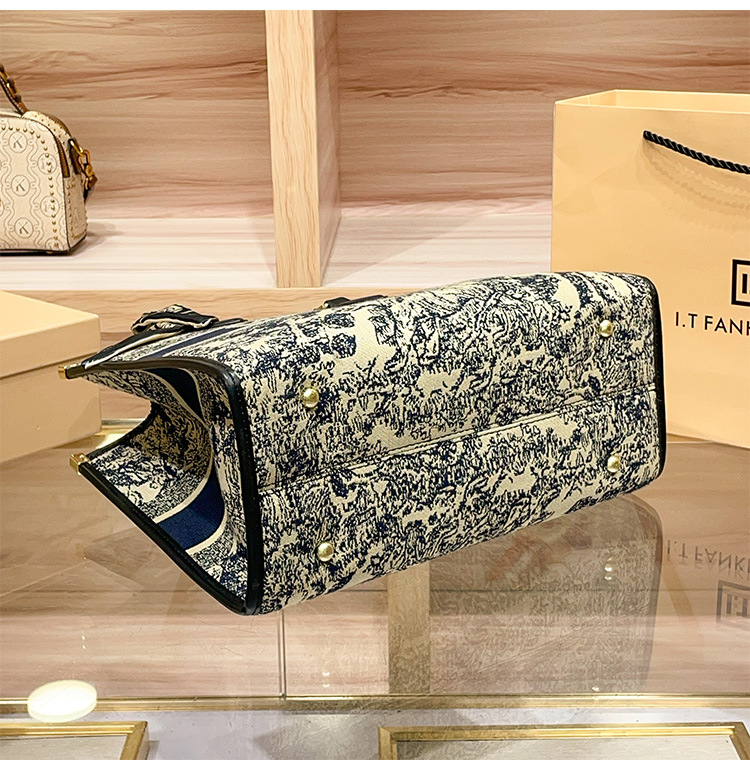 Túi tote nữ thêu họa tiết thời trang, sức chứa lớn, phong cách công sở — Màu xanh lam, Màu xám chi tiết 7