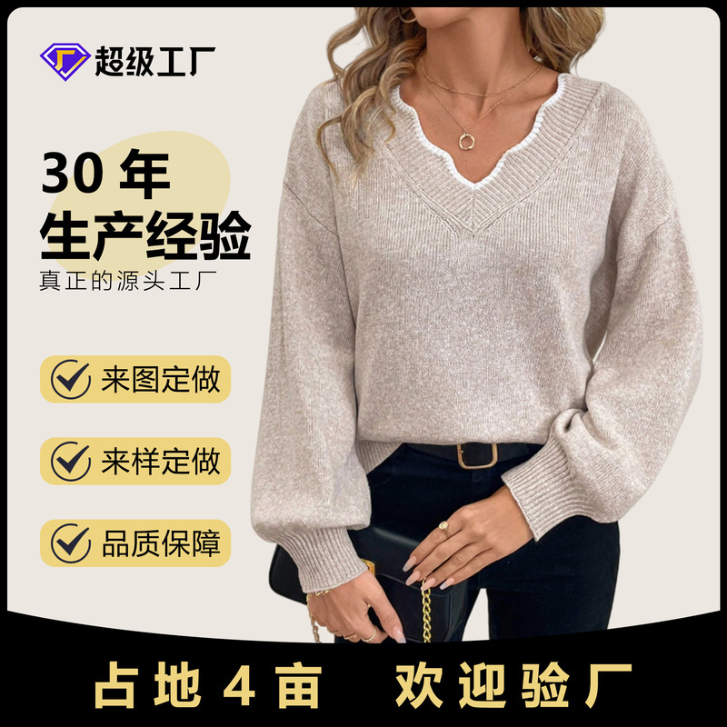 2026 Cross-Border European and American Style Wavy Lace Collar Hollow-Out Bow Pullover Lantern Sleeve Loose Top Knitwear Women's Clothing