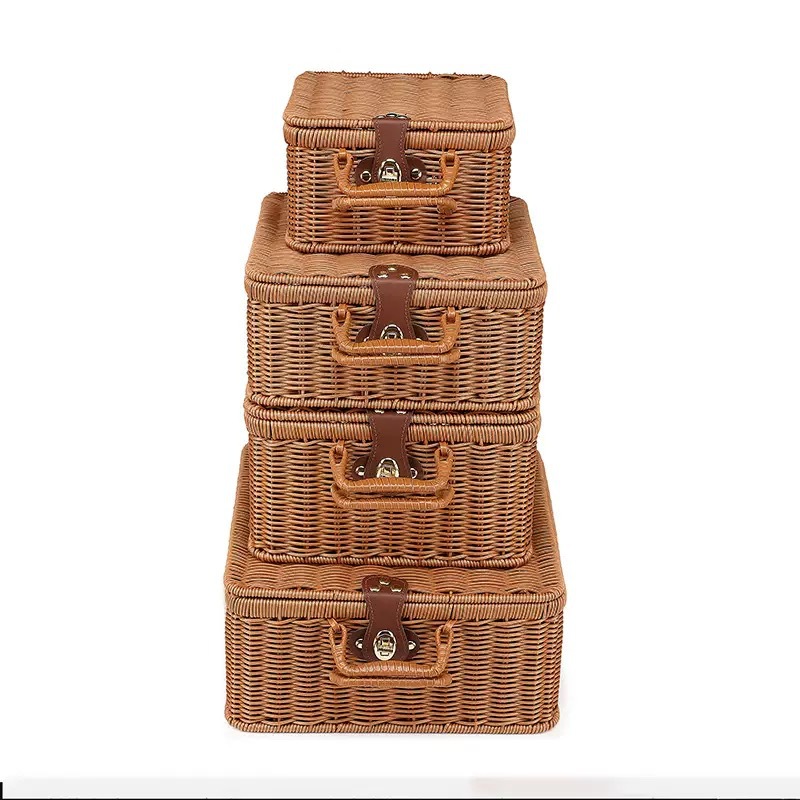 Tejido imitación de caña de bodas regalo de mano de alta calidad caja de almacenamiento cesta de picnic maleta retro caja de prensa fría antigua
