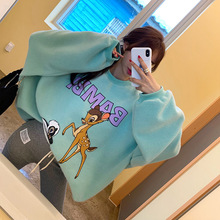 韩国加绒小鹿印花卫衣女秋冬宽松大版卡通字母减龄百搭中长款上衣