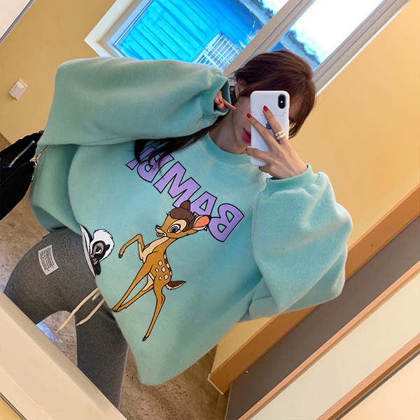 韩国加绒小鹿印花卫衣女秋冬宽松大版卡通字母减龄百搭中长款上衣