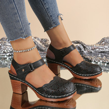 跨境2025新款粗跟中跟罗马凉鞋包头罗马风格洞洞鞋侧镂空凉鞋批发