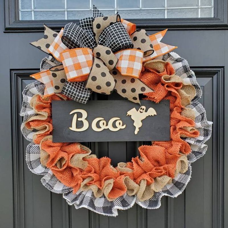 Maison & Jardin 2024 Nouvelle Couronne BOO Ornements de Porte Ruban en Tissu de Vacances Panneau en Bois Accessoires de Décoration d'Atmosphère_voghion.com