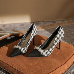 97801【羊皮】高跟鞋女細跟2024年新款百搭珍珠鏈尖頭千鳥格單鞋