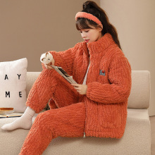 睡衣女冬加厚保暖拉链三层夹棉法兰绒大码外穿家居服套装立领纯色