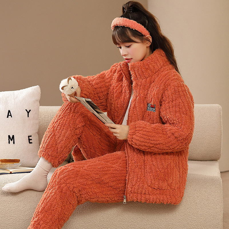 Pajamas Women's Winter Thickened Warm Zipper Three-Layer Quilted Flannel plus size Outer Wear Home Clothes suit Collar Solid Color