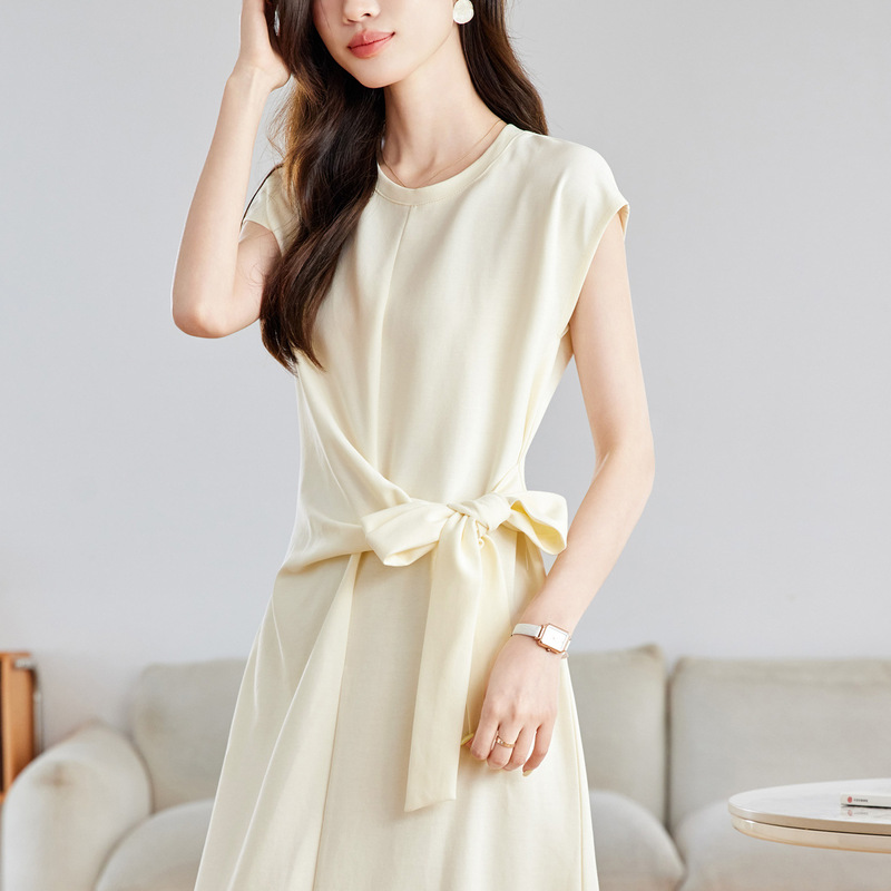 ​ ​ Cotton Cocoon Bow Waist Dress Women's Summer Work Clothing Draped Pure Color Strap Slimming Look Long Skirt ​ ​
