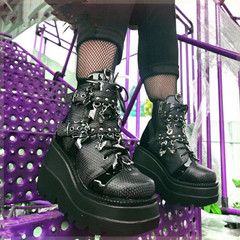 Independent online store: 2023 New Arrival Women's Platform Boots with Chunky Heels, Demonia Style – Short Shaft Martin Boots Featuring a Bat-Shaped Belt Buckle
