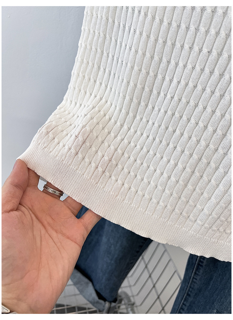 Elegante t-shirt da donna in maglia a trecce con collo a revers_voghion.com