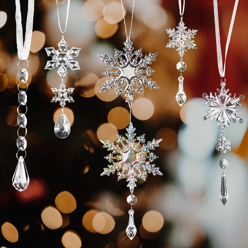 圣诞节装饰品亚克力透明挂件仿真冰晶六棱小雪花窗台氛围吊坠批发