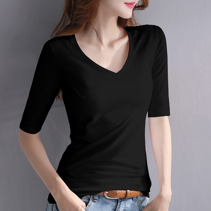 Black Mid-Sleeve T-Shirt for Women, V Neck Slim Bottoming Shirt with 2025 Spring & Fall New Style Three-Quarter Sleeve Top and Three-Quarter Sleeve