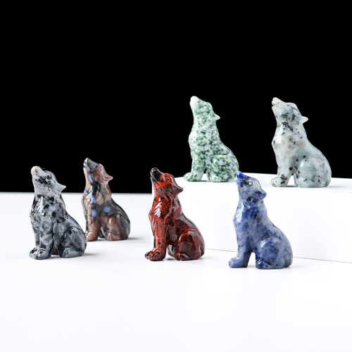 Natural crystal wolf cub animal carvings, semi-precious stone rough mineral signs, home desktop decoration, handicrafts and ornaments