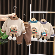 跨境童装秋冬季新款男童婴幼儿宝宝童套装加绒卫衣长袖套装两件套