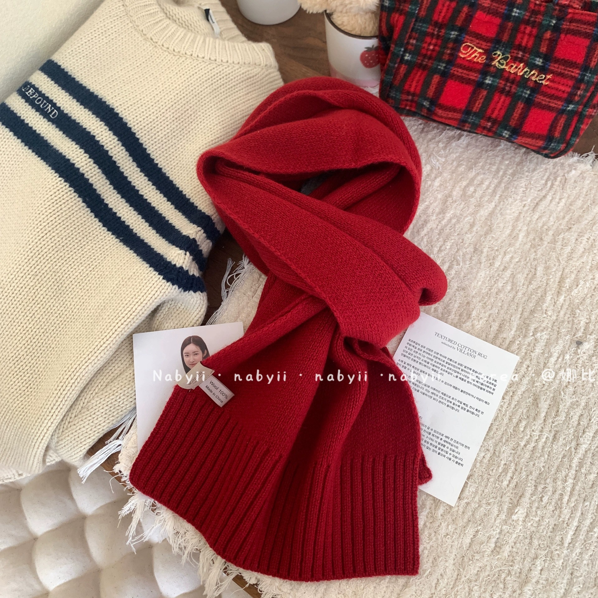娜比】新年红100%纯羊毛！澳洲进口韩国订单围巾高级感围脖男女