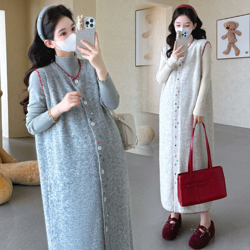 New Autumn and Winter Maternity Knit Dress, Colorful Button-Up Sweater Vest Dress + Maternity Half-Turtleneck Knit Base Shirt
