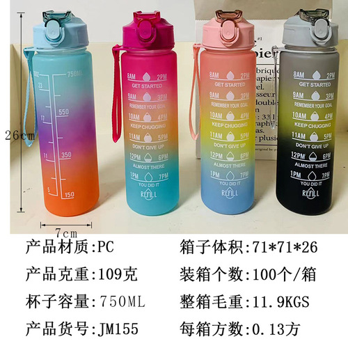 Gradient Color Water Cup for Students, 900ml Large Capacity, Bouncing Lid, Sports Outdoor Fitness Time Marked Straw Cup