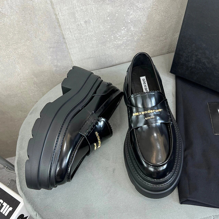 AW Thick-soled Increased Loafers Fashionable All-match Round-toe Black Small Leather Shoes Thick Heel Letter Comfortable Daily Simple