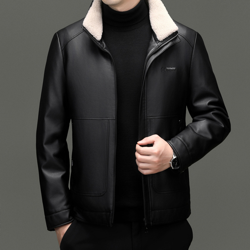 Business men's lapel leather down jacket pure black smooth warm 90 duck down fashion coat detachable fur collar