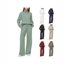 2025欧美跨境秋冬新款女装两件套超大半拉链运动衫阔腿休闲裤套装