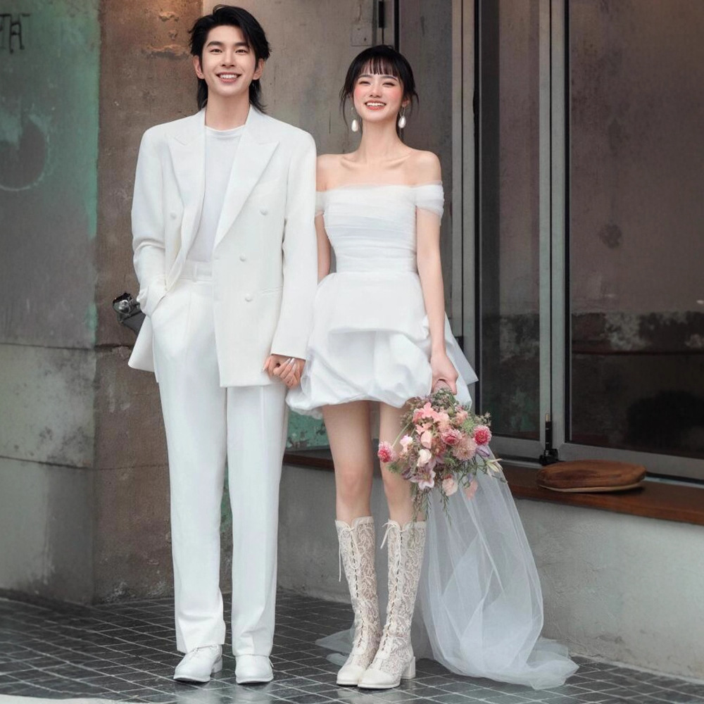 French-Style Light Wedding Dress for Brides, High-End Satin Registration Small White Dress, Off-Shoulder Wedding Gown, Engagement Dress for Women