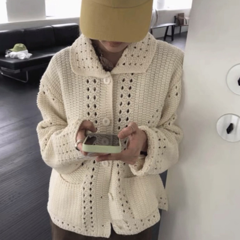 Polo collar chunky knit hollow-out sweater coat for women, new autumn and winter model, simple Korean style, slimming and gentle knitwear, new product Polo collar chunky knit hollow-out sweater coat for women, new autumn and winter model, simple Korean style, slimming and gentle knitwear, new product