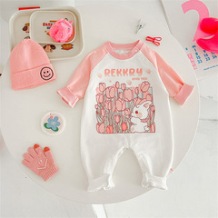 0-2歲嬰兒衣服 女寶粉色拼袖兔子小花連身衣 A棉長袖秋季哈衣爬服