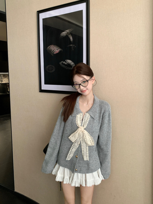 2025年秋设计感气质蕾丝系带蝴蝶结V领毛衣开衫女减龄减龄针织衫|undefined