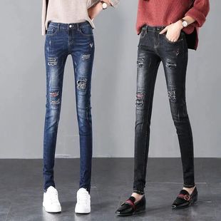 Petite Jeans 2024 Spring Summer Autumn Pants Fake Ripped Slim Versatile Thin Denim Skinny Pants