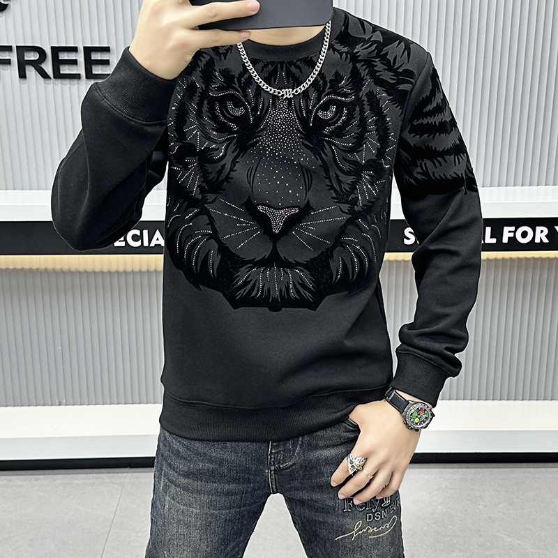European Fashion Brand High end Hot Diamond Tiger Head Sweater Round Neck Bottom 2023 New Autumn Men's_voghion.com