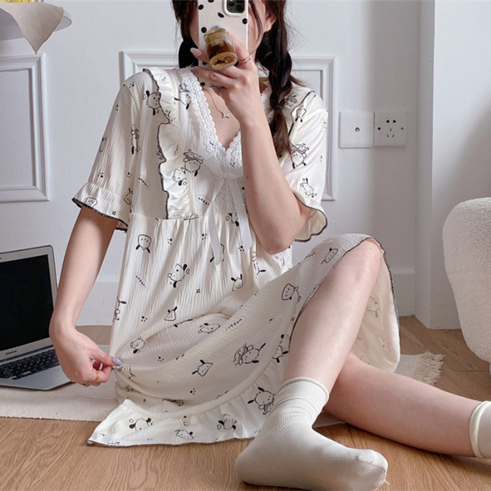 Pijamas de verano de mangas cortas de algodón tejido arrugado lindo dulce vestido de princesa nuevo vestido de ropa de hogar suelto